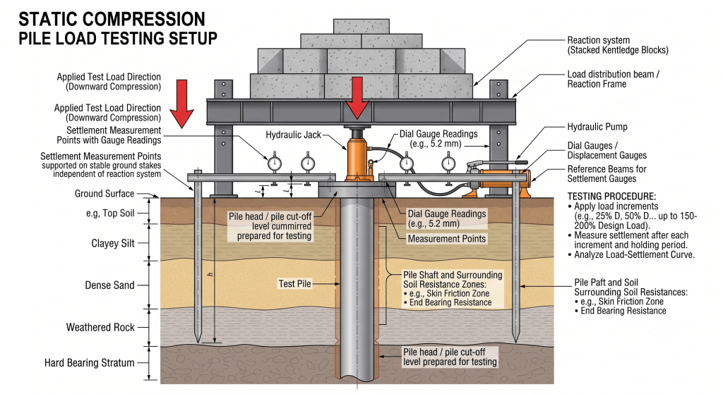 Pile load testing setup showing static load test with hydraulic jack and settlement gauges.