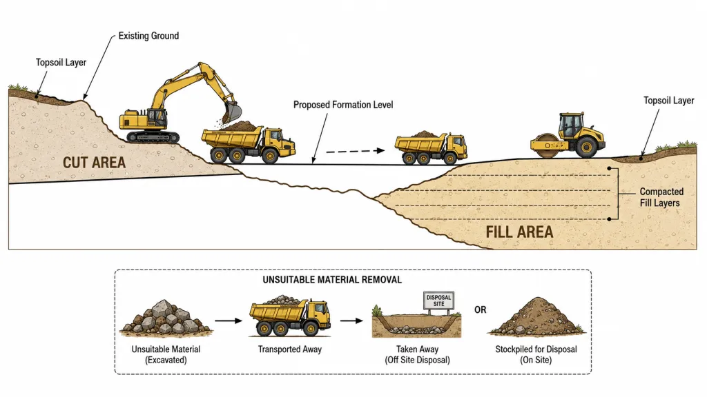 Cut and fill earthworks cross-section showing excavation and compacted filling to formation level.