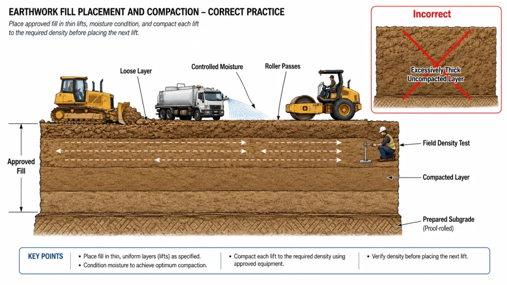 Earthwork filling diagram showing controlled layer placement, moisture adjustment and roller compaction.