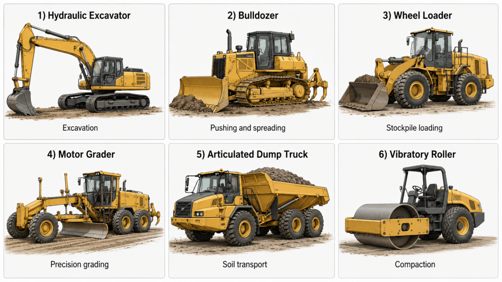 Earthwork equipment comparison showing excavator, bulldozer, loader, grader, dump truck and roller.