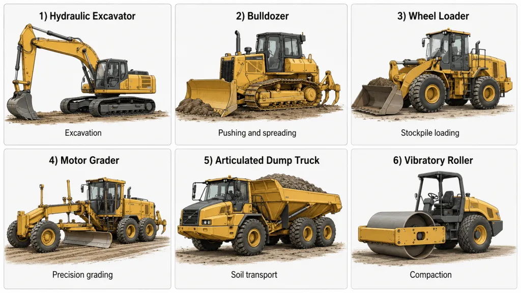 Earthwork equipment comparison showing excavator, bulldozer, loader, grader, dump truck and roller.