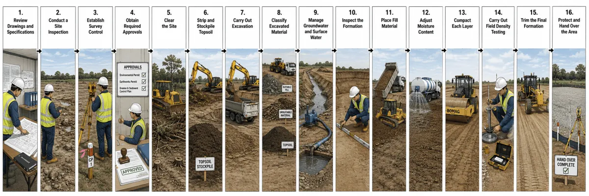 earthworks-construction-sequence-diagram Earthworks construction sequence showing setting out, excavation, filling, compaction and final inspection.