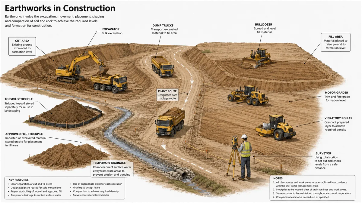 Earthworks in construction showing excavation, soil transport, filling, grading and compaction equipment.